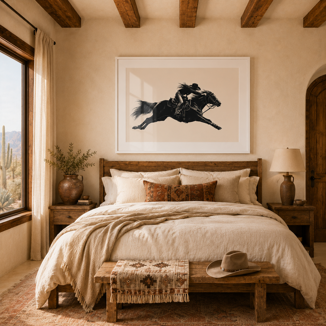 A rustic bedroom scene with a large framed black-and-white horse print centered above a bed with cream bedding, wooden headboard and nightstands, warm beige walls, exposed wood ceiling beams, and a window on the left.