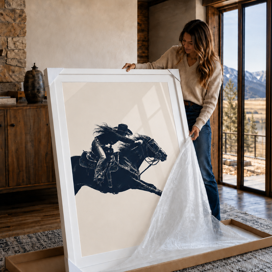 A woman in a beige sweater and blue jeans holds up a large white-framed western art print showing a black silhouette of a rider on a horse against a cream background. The print is partially covered by clear protective plastic, set in a rustic room with a stone wall and window overlooking mountains.