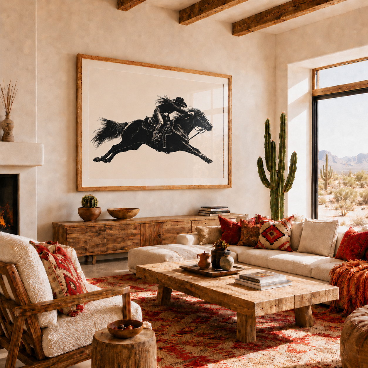 A large framed black-and-white artwork of a galloping horse hangs on a beige wall in a rustic living room with a wood coffee table, patterned pillows, a rug, and desert scenery visible through a window.