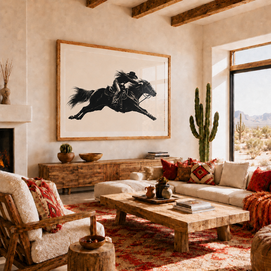A large framed black-and-white artwork of a galloping horse hangs on a beige wall in a rustic living room with a wood coffee table, patterned pillows, a rug, and desert scenery visible through a window.