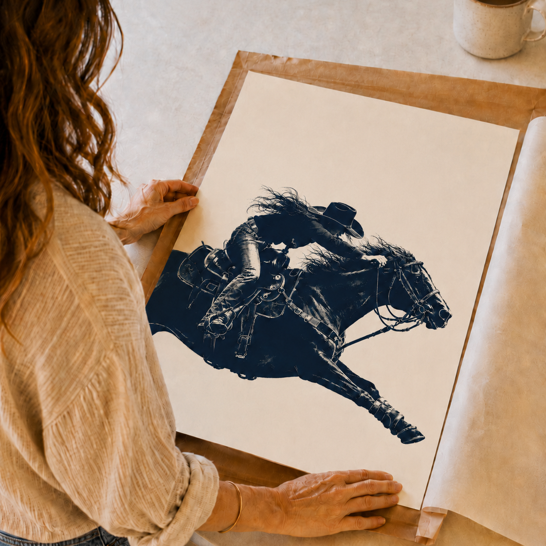 A woman holds a large art print featuring a black silhouette illustration of a cowboy riding a horse, displayed on a light beige surface with a mug in the background.