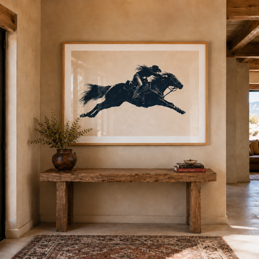 A framed black-and-white artwork of a galloping horse and rider hangs on a beige wall above a rustic wooden bench in a warm, rustic interior with stone and wood textures.