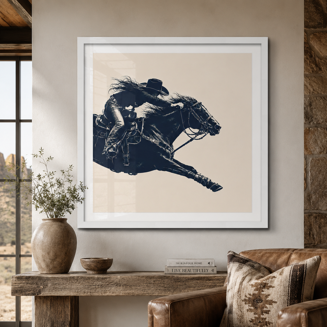 A framed western art print featuring a dark navy silhouette of a cowboy riding a galloping horse, displayed on a beige wall in a rustic living room setting above a leather armchair and wooden console table.