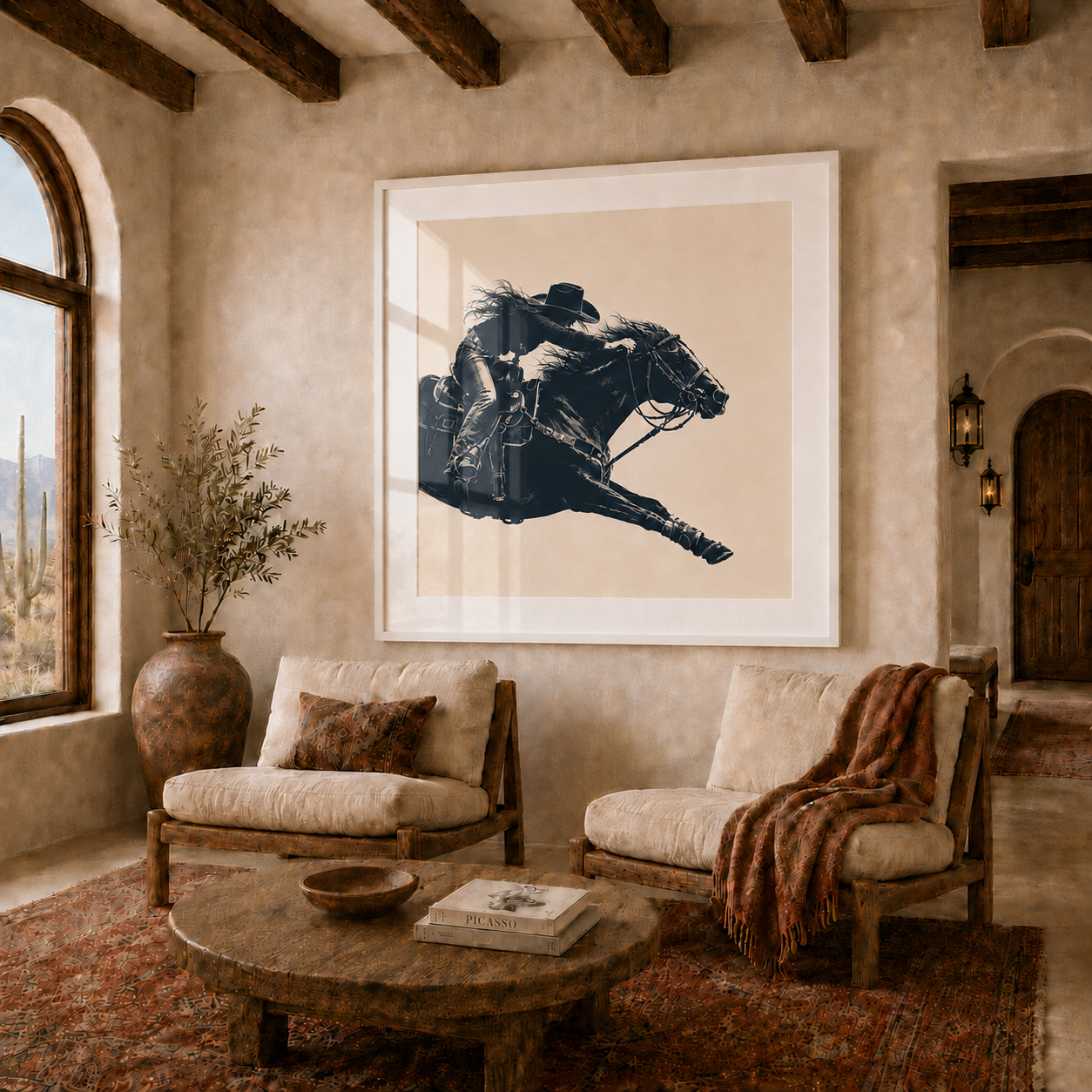 A large framed western-style art print featuring a black silhouette of a rider on a horse against a warm beige background, displayed on a textured stucco wall in a rustic living room with two wooden chairs, a stone coffee table, and a window.