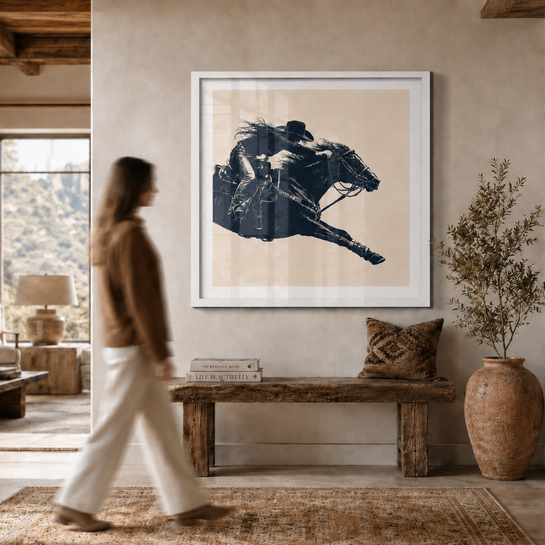 A large framed art print featuring a dark navy horse and rider silhouette on a warm beige background, displayed on a wall in a rustic, modern living room with a walking person in the foreground.