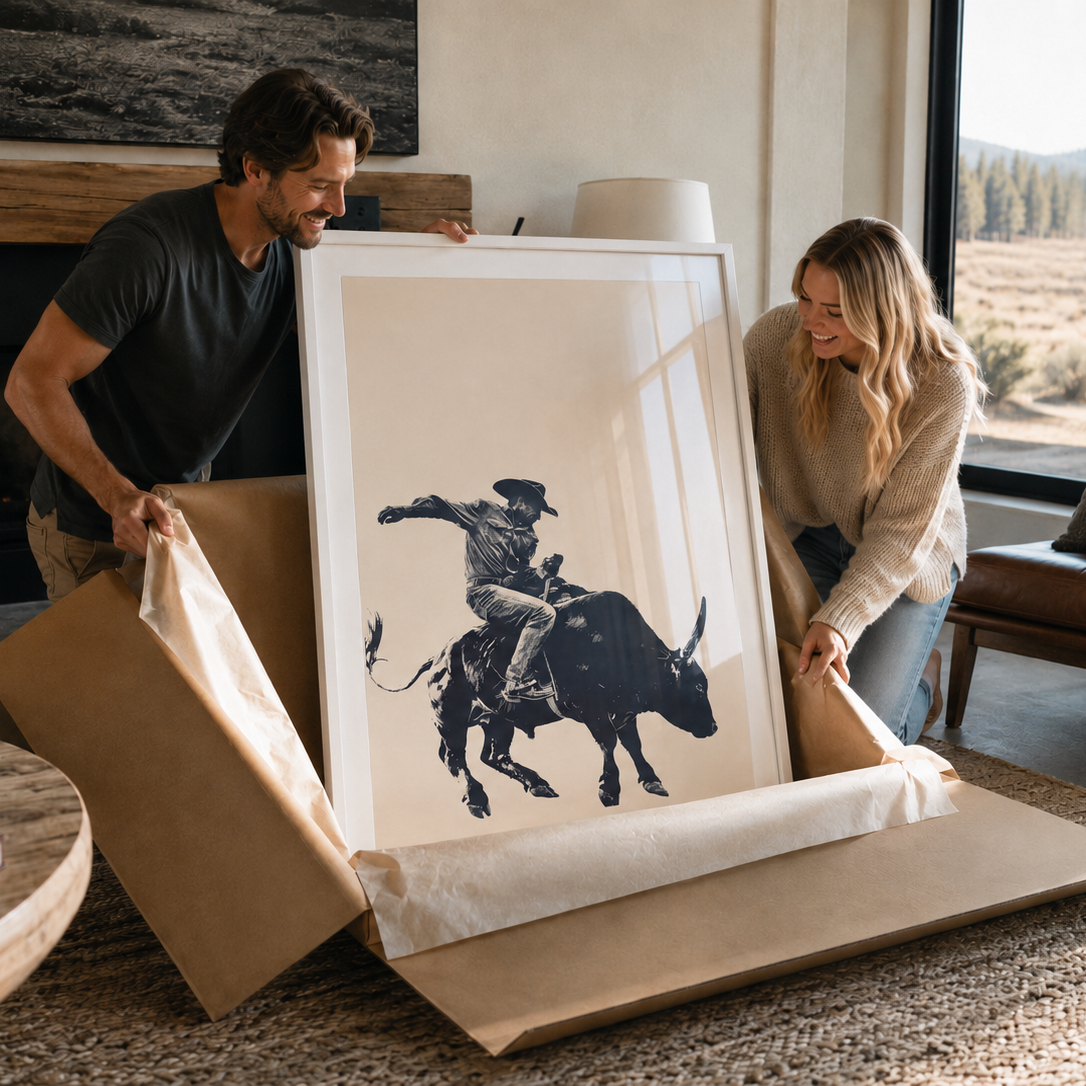 A man and a woman unpack a large framed art print in a modern living room. The print features a black graphic illustration of a cowboy riding a bull on a cream background, set against a warm, rustic interior with a fireplace and a window showing an outdoor landscape.