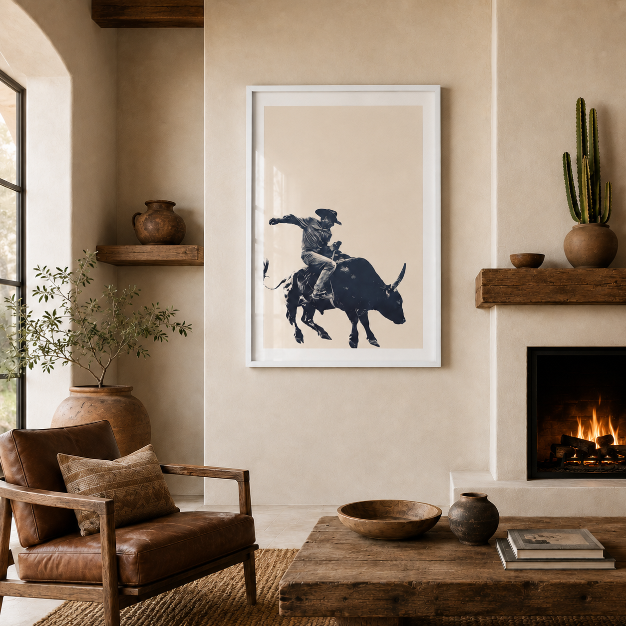 A framed black-and-white western bull riding print hangs on a beige wall in a rustic living room with a leather chair, wooden coffee table, cactus, and fireplace.