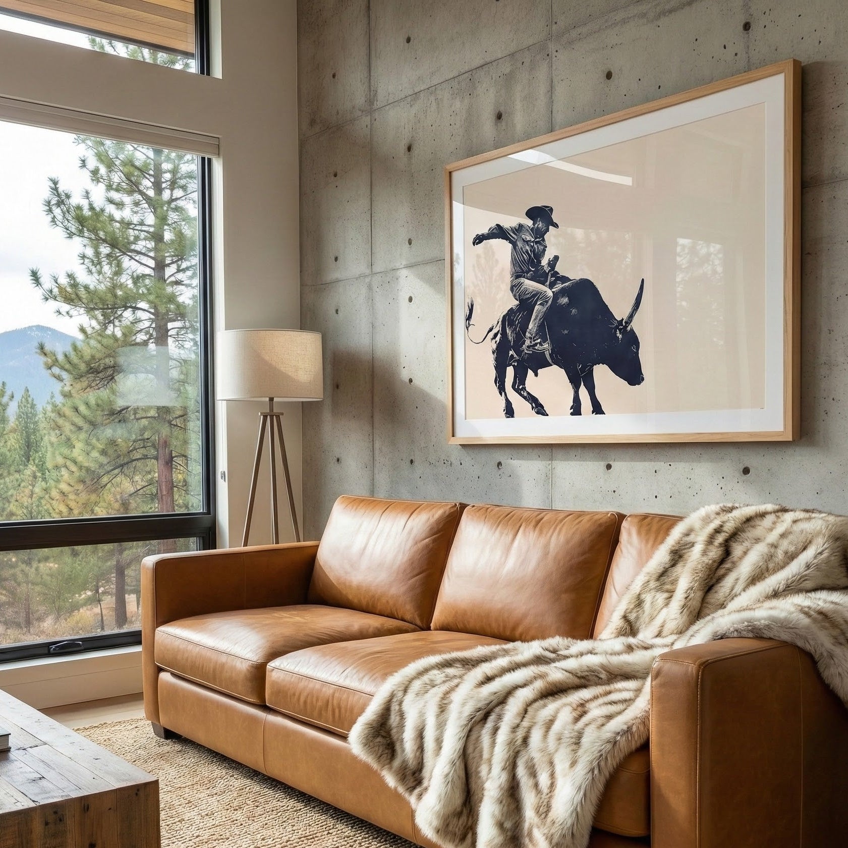 Modern cowboy on bull framed artwork on wall in living room with brown leather sofa, framed artwork, and large windows showing a forest view.